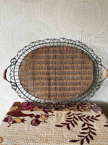 westvillagewares Vintage oval wicker and metal serving tray french