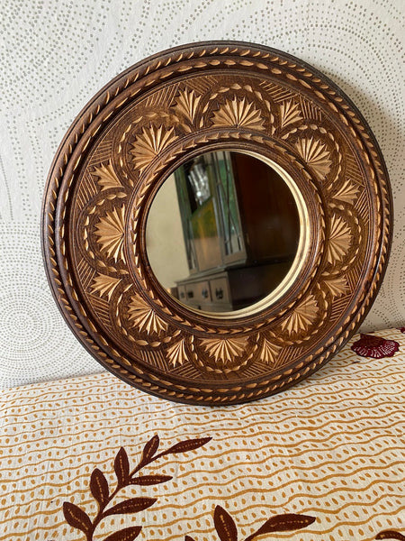 westvillagewares Vintage hand carved wooden round mirror