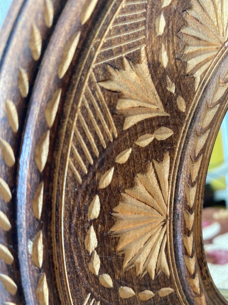 Hand-Carved Round Wooden Mirror